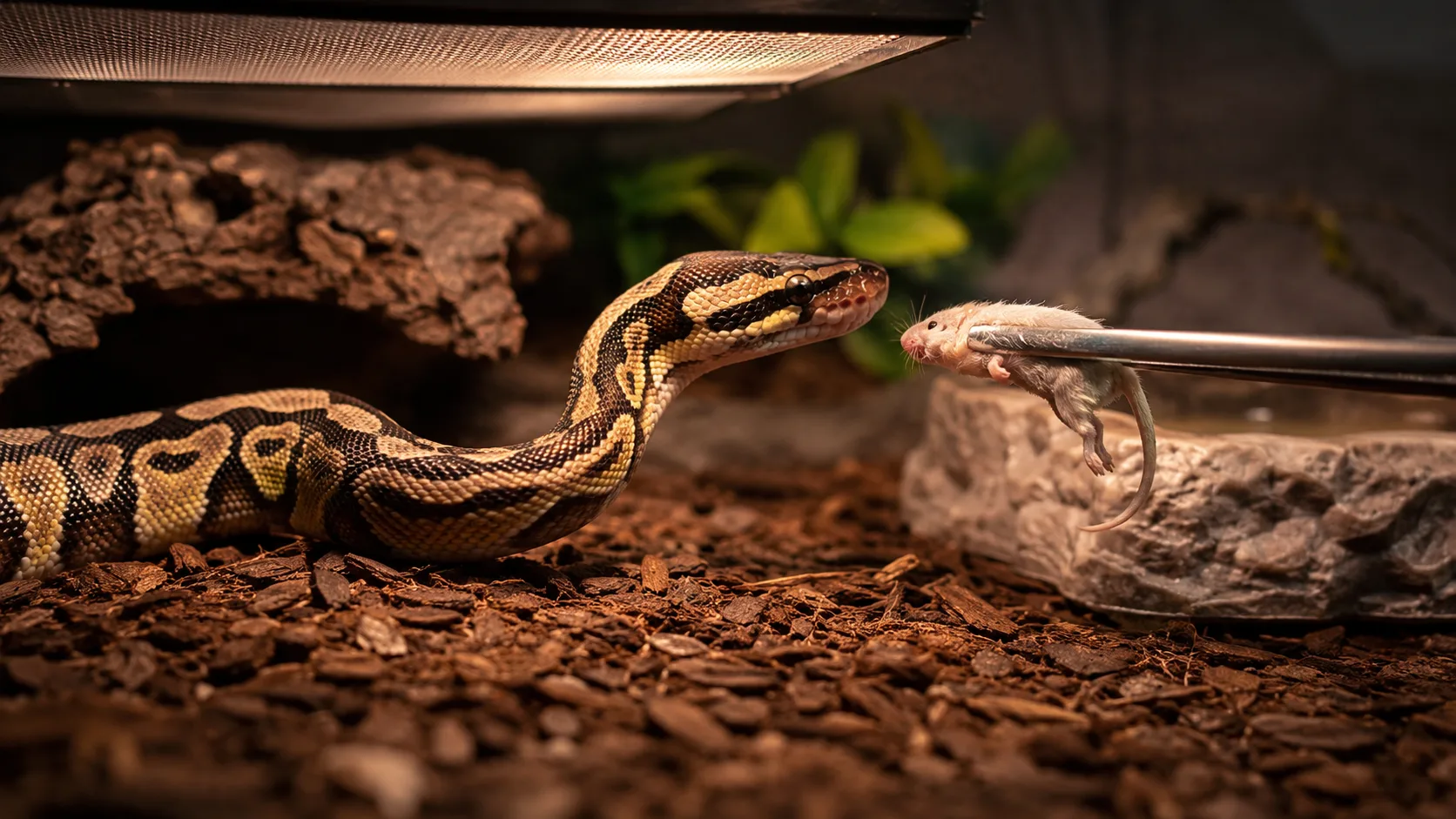 An adult ball python being offered a thawed rat from feeding tongs above a warm-side substrate, with a digital thermometer visible.