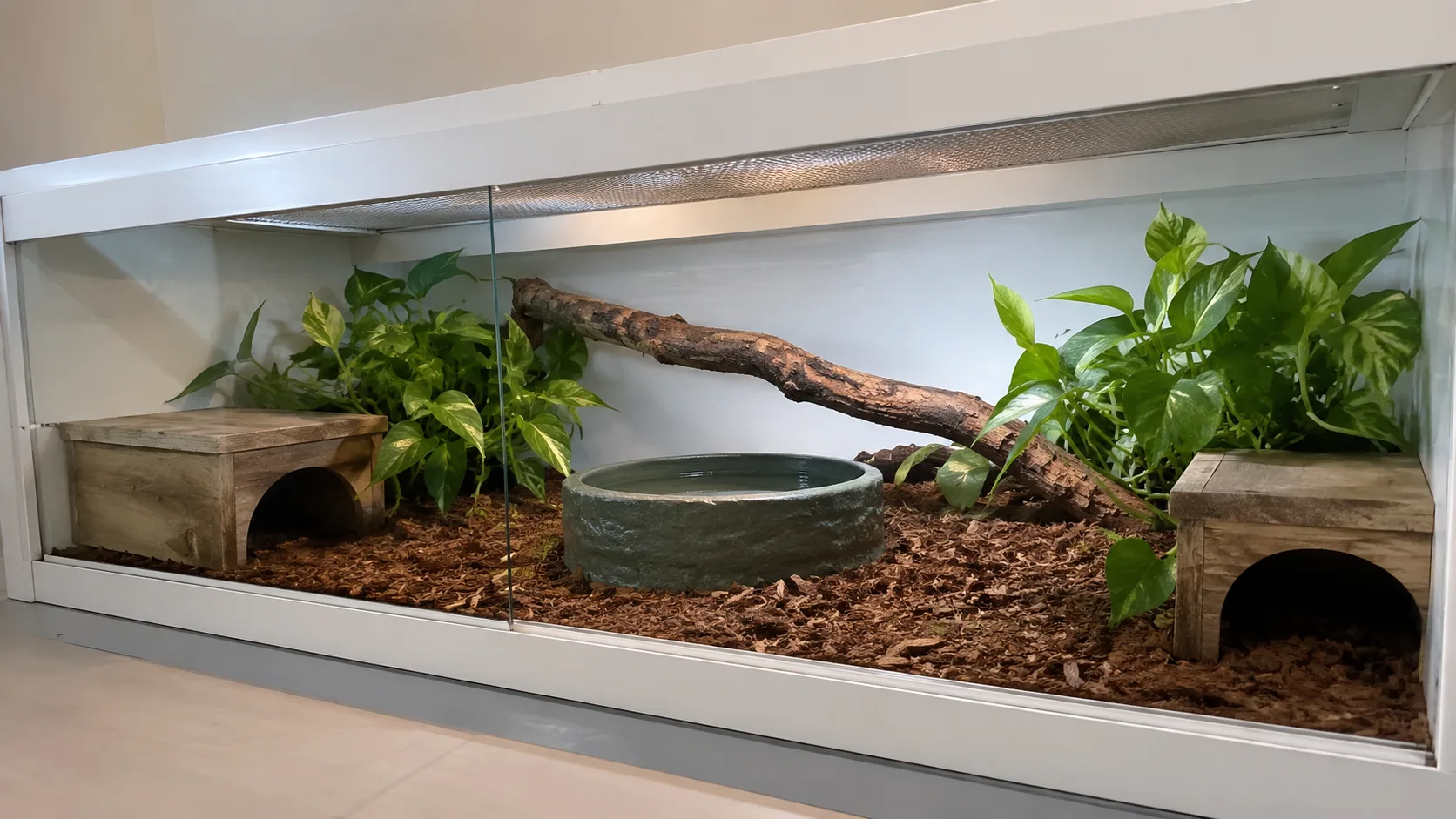 A well-furnished 4×2×2 ft PVC ball python enclosure with multiple hides, branches, water bowl and live or silk plants.