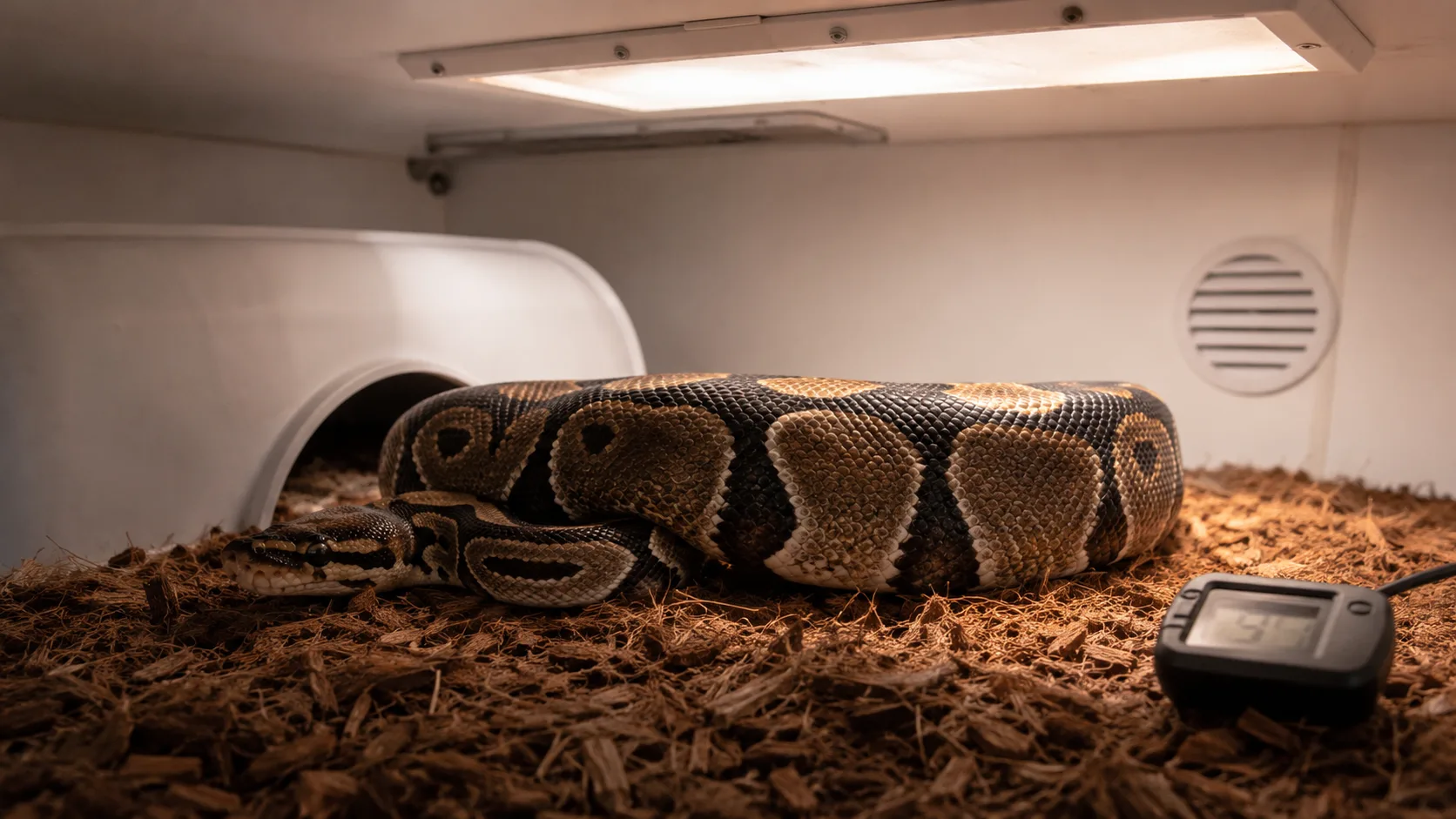 An adult ball python resting partly coiled on a substrate of cypress mulch beneath a radiant heat panel, with a digital probe thermometer visible at the warm side.