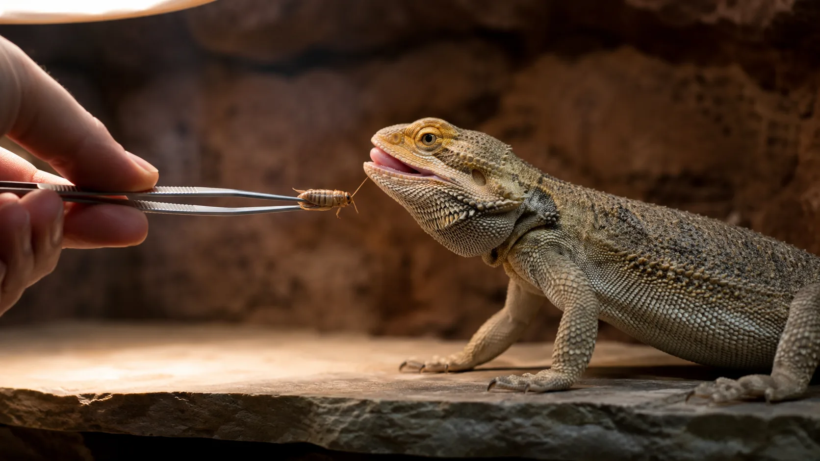 A keeper offering a single dubia roach from feeding tongs to an alert adult bearded dragon basking on a slate ledge.