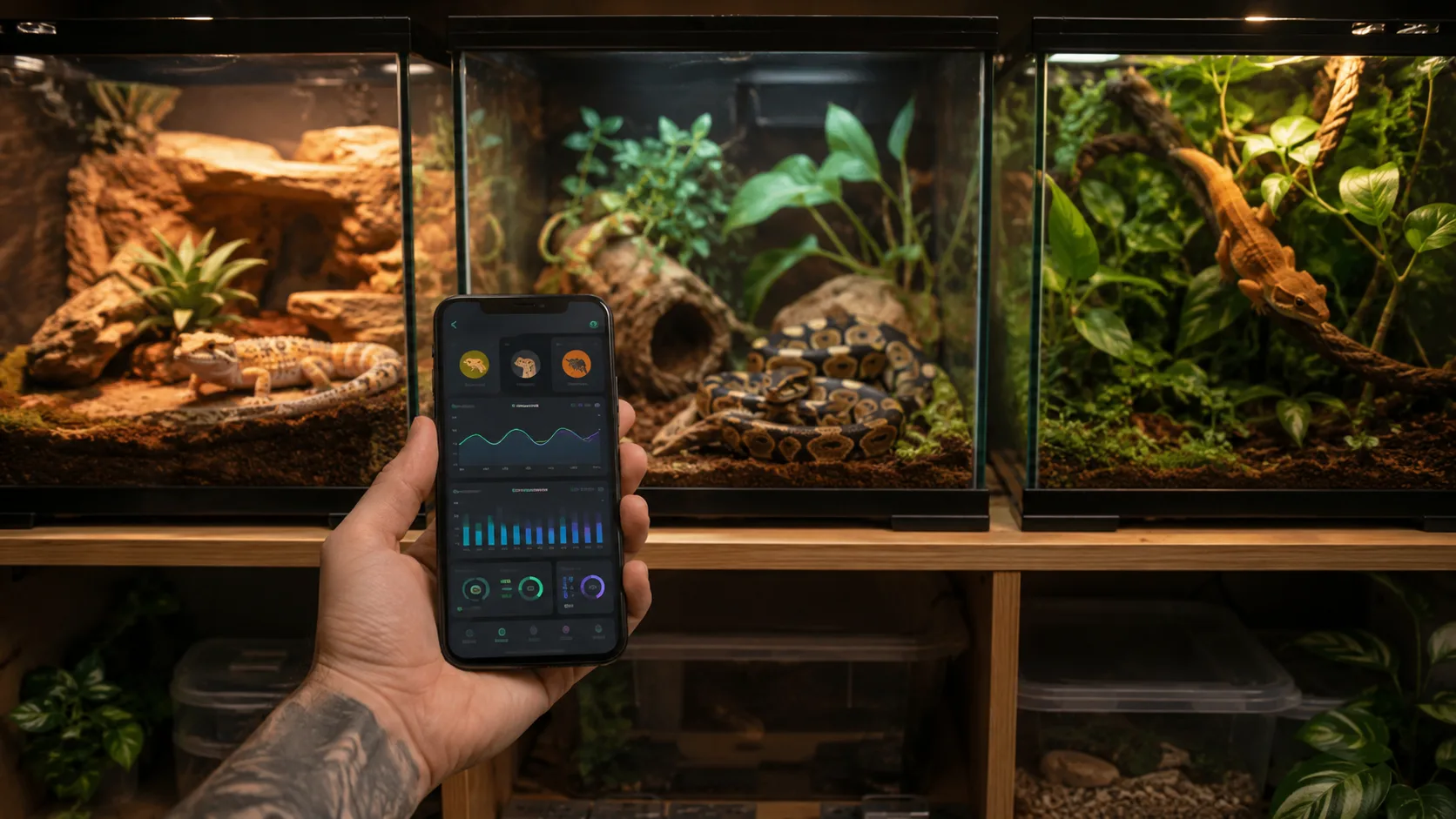 A keeper's hand holding a phone in front of a row of bioactive reptile enclosures, showing a husbandry-tracking app dashboard.