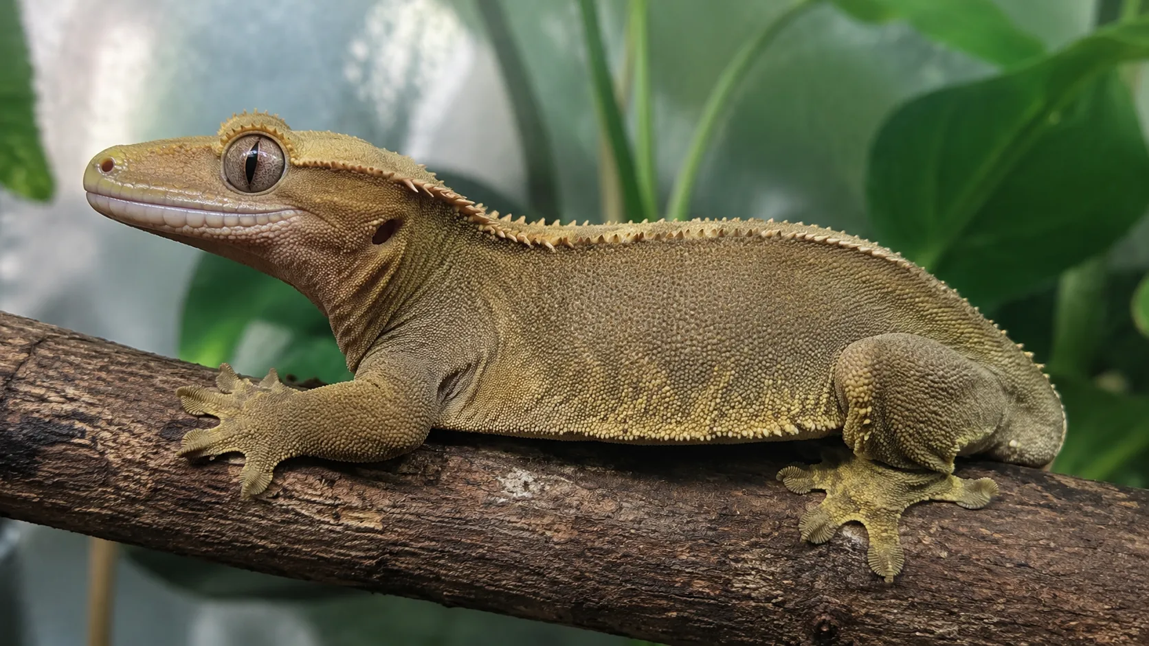 An adult tailless 'frog-butt' crested gecko perched on a branch, healthy and active despite the missing tail.