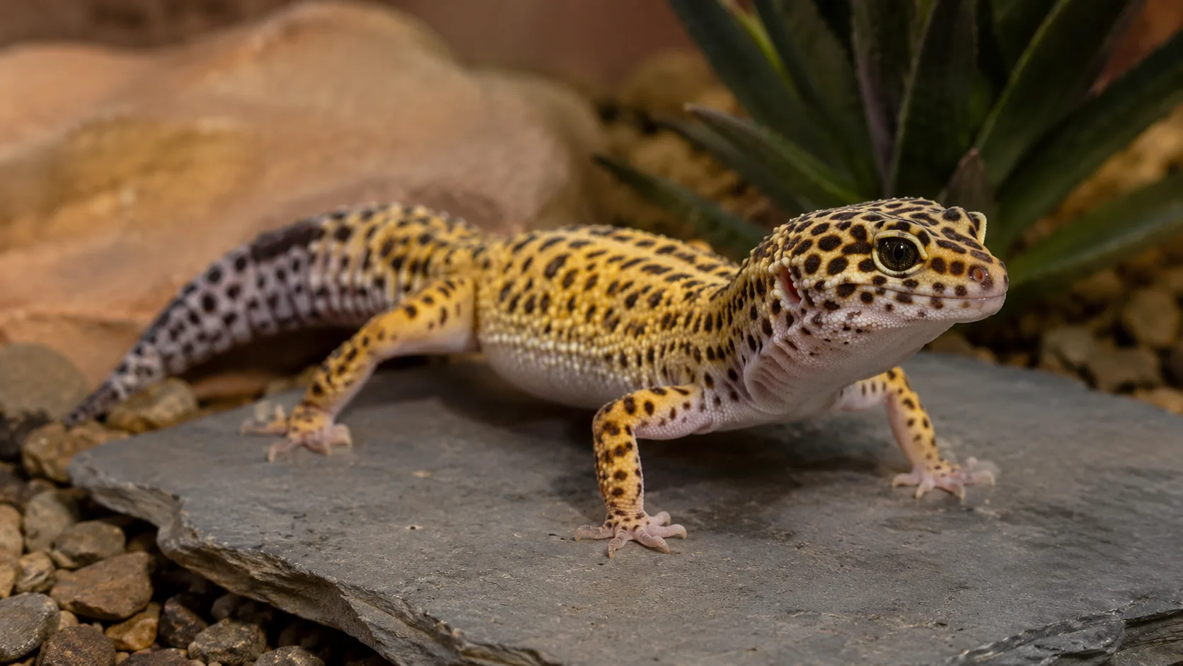 An adult yellow-and-black-spotted leopard gecko standing on a flat slate tile in a naturalistic desert terrarium.