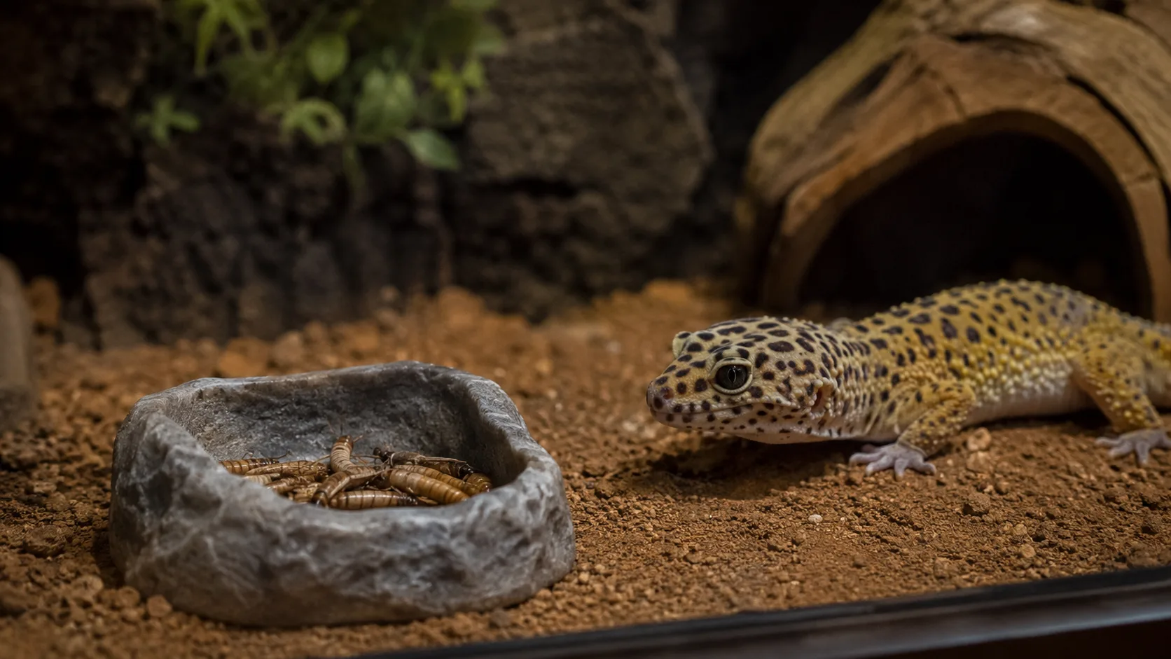 A leopard gecko sitting still beside an untouched feeding dish of insects in a dimly lit terrarium.