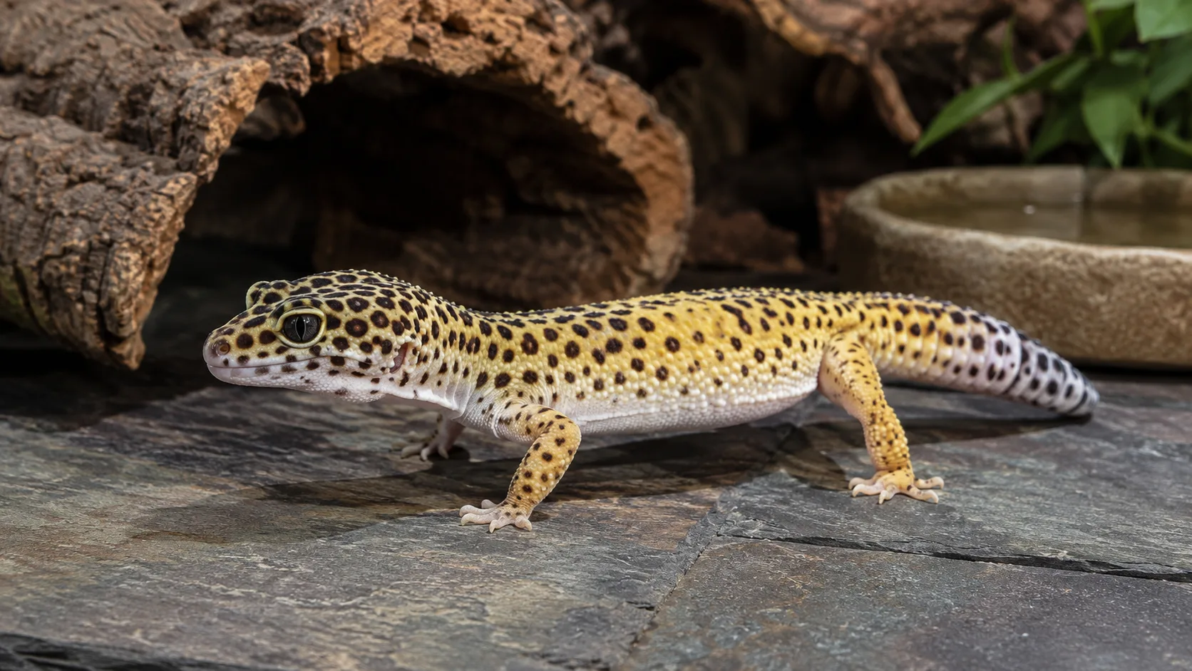 An adult leopard gecko walking across a flat slate-tile substrate inside a clean naturalistic terrarium.