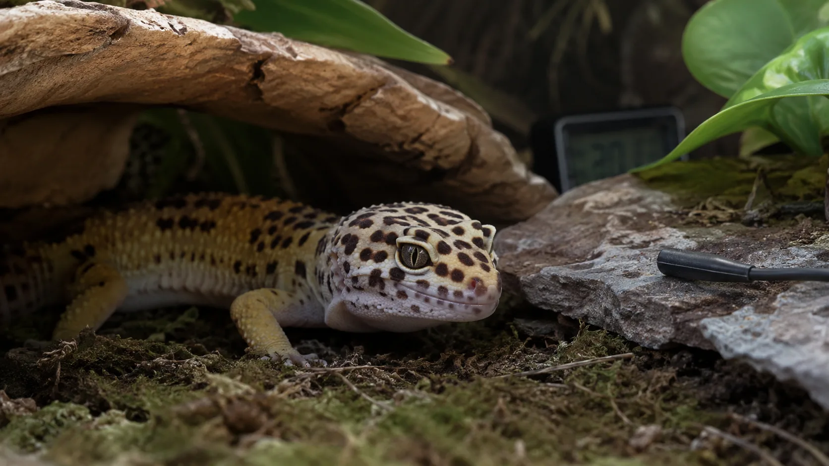 An adult leopard gecko resting under a warm hide on a digital thermostat probe.