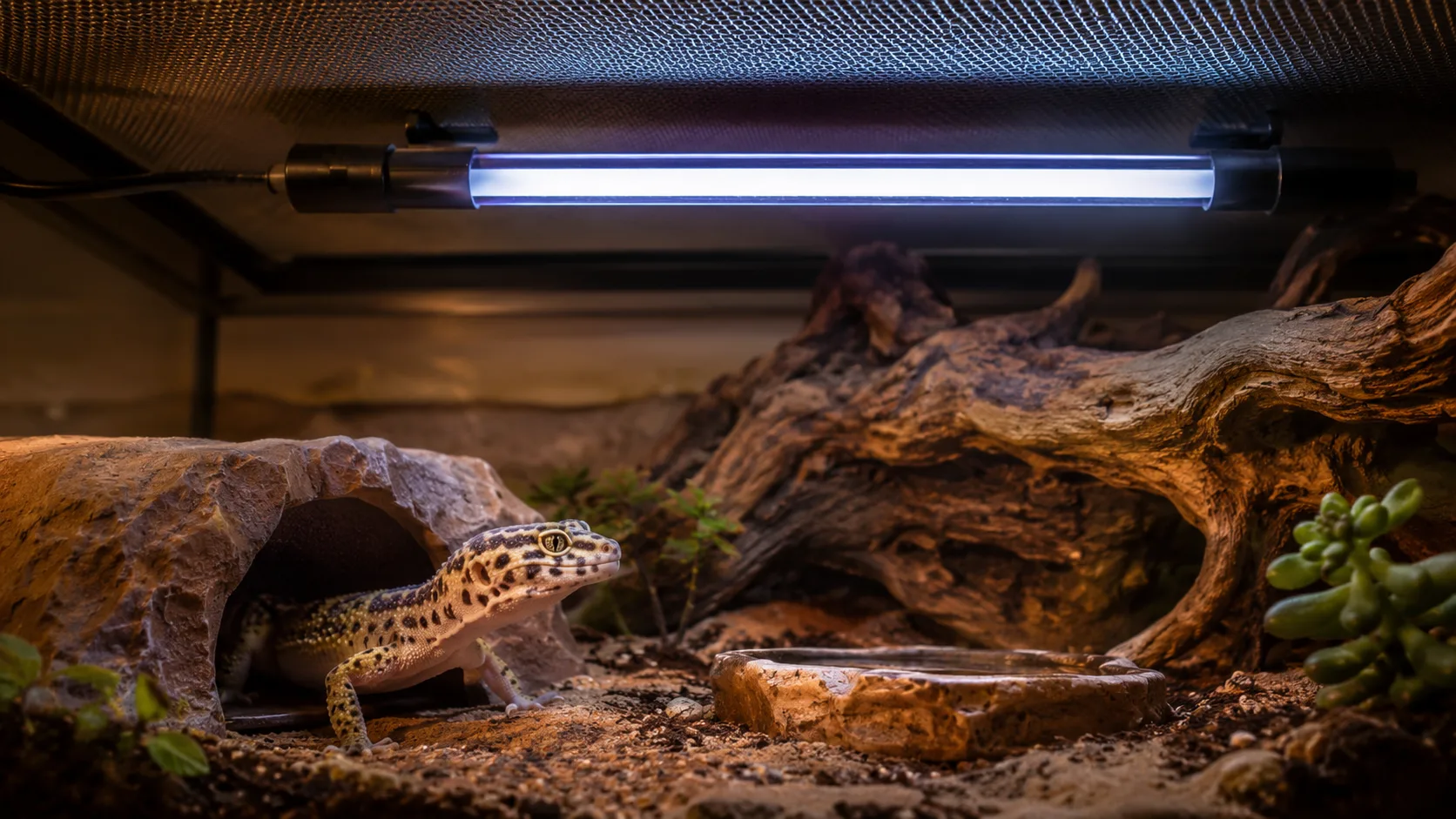 A low-output T5 HO UVB tube mounted inside a leopard gecko terrarium above the warm side, with a calm gecko emerging from a hide below.