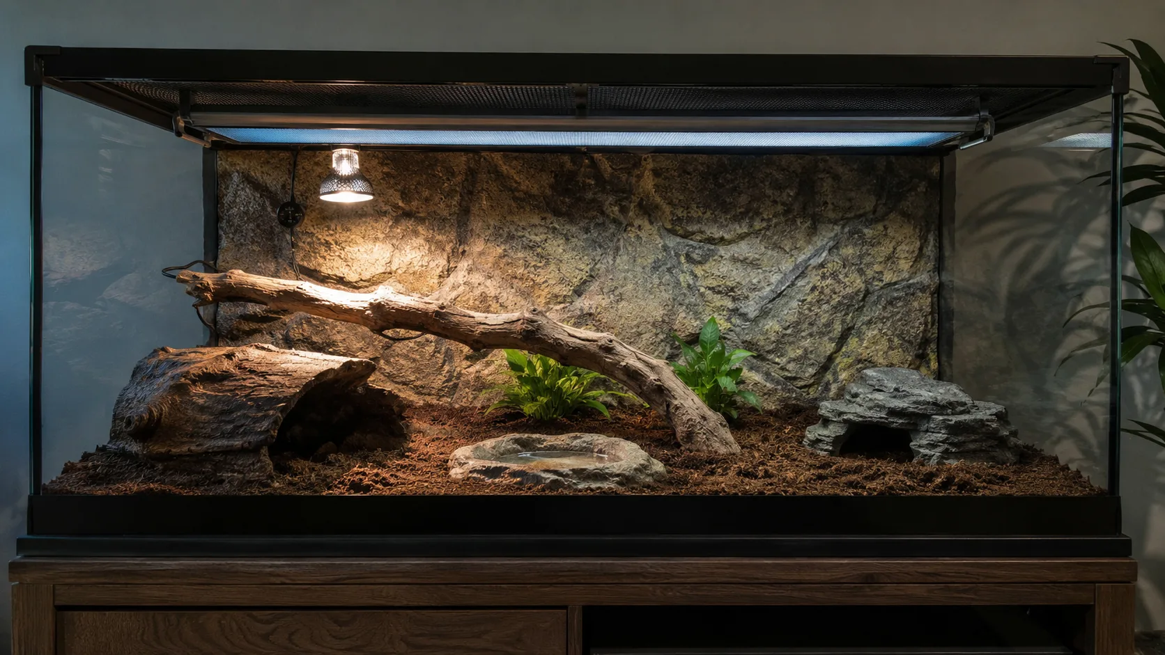 A clean naturalistic reptile enclosure during setup, with heating and UVB fixtures installed, substrate laid, hides placed, and a thermostat probe visible.