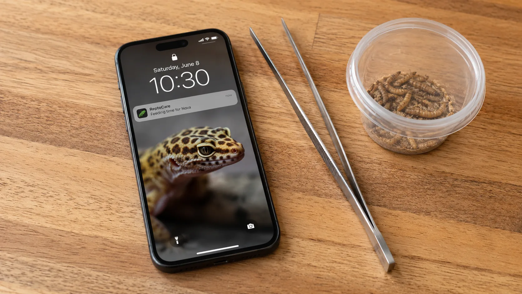 A phone screen showing a clean reptile-feeding reminder notification beside a digital feeding tongs and prep area on a wooden surface.