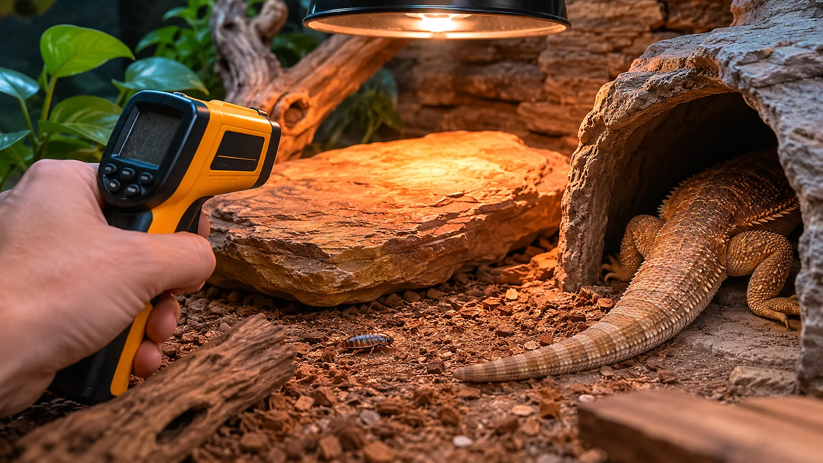 A keeper checking enclosure temperature with an infrared thermometer beside an uneaten feeder insect, with a reptile resting in a hide.