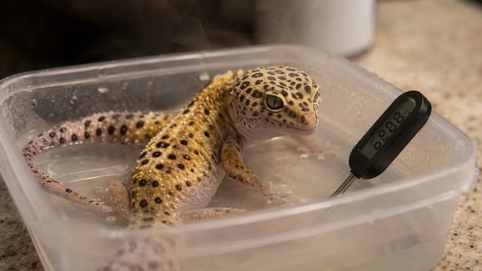 A keeper gently soaking a reptile in a shallow warm-water bath in a plastic container, with steam rising and a thermometer probe visible.