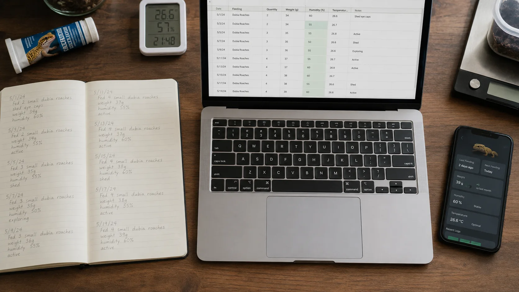 A reptile keeper choosing between a paper notebook, a laptop spreadsheet and a phone tracking app side by side.