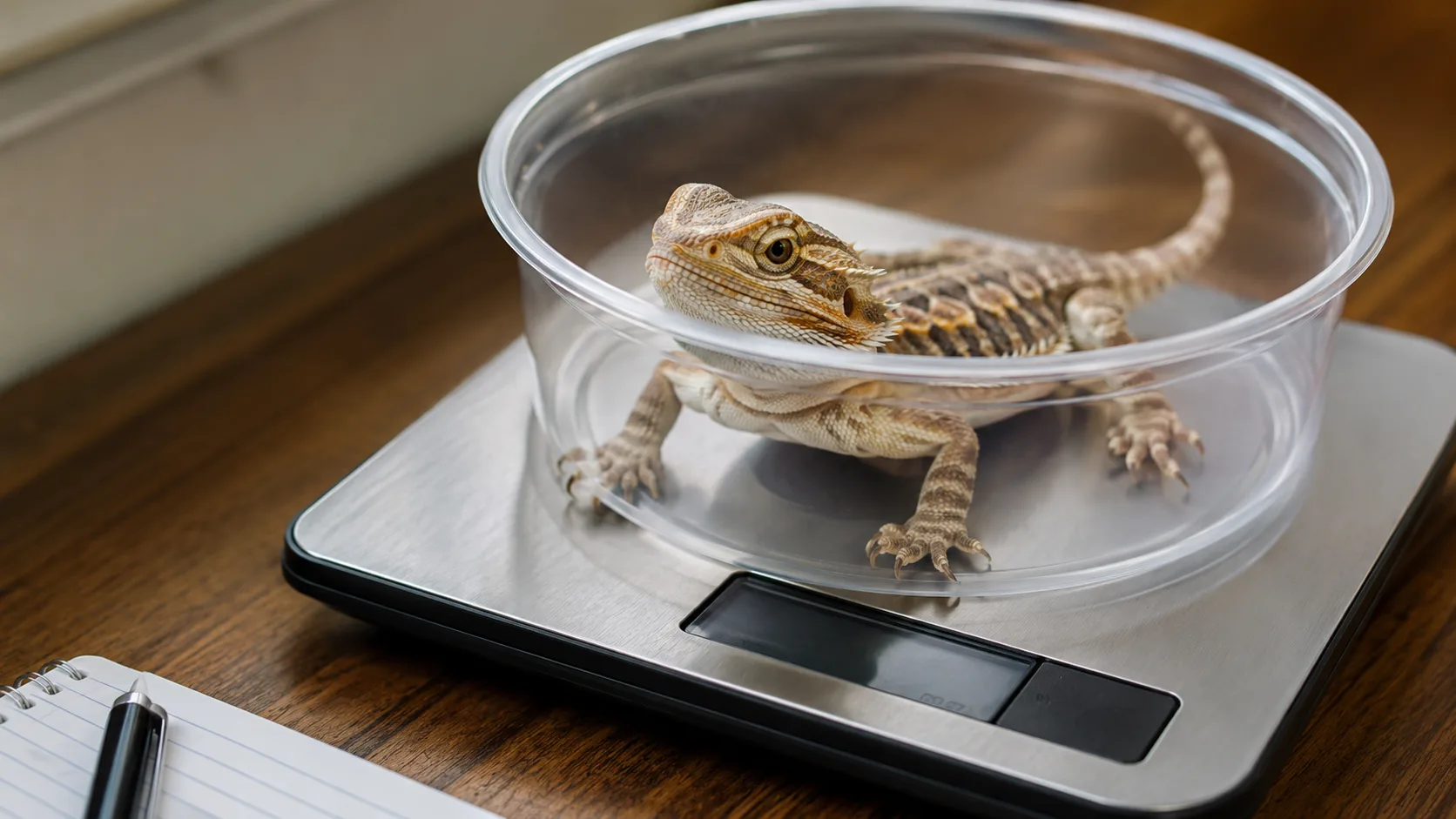 A juvenile bearded dragon sitting in a small plastic deli cup on a digital kitchen scale showing a small weight readout.