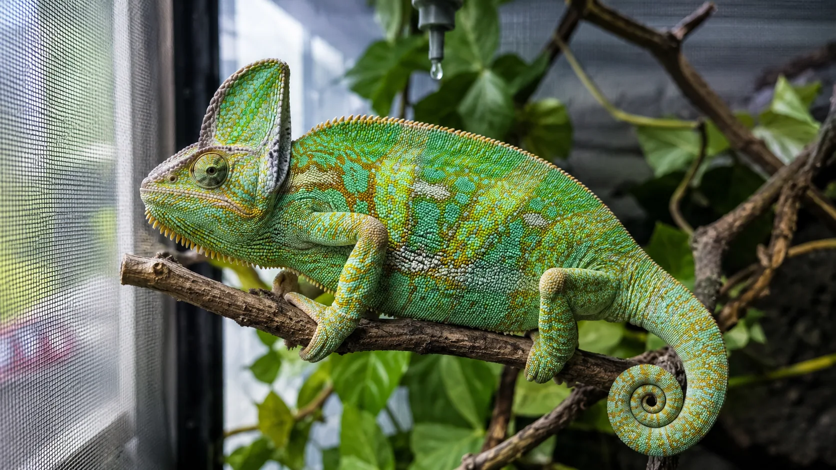 An adult male veiled chameleon perched on a branch in a tall screen enclosure with live plants and a dripper above.
