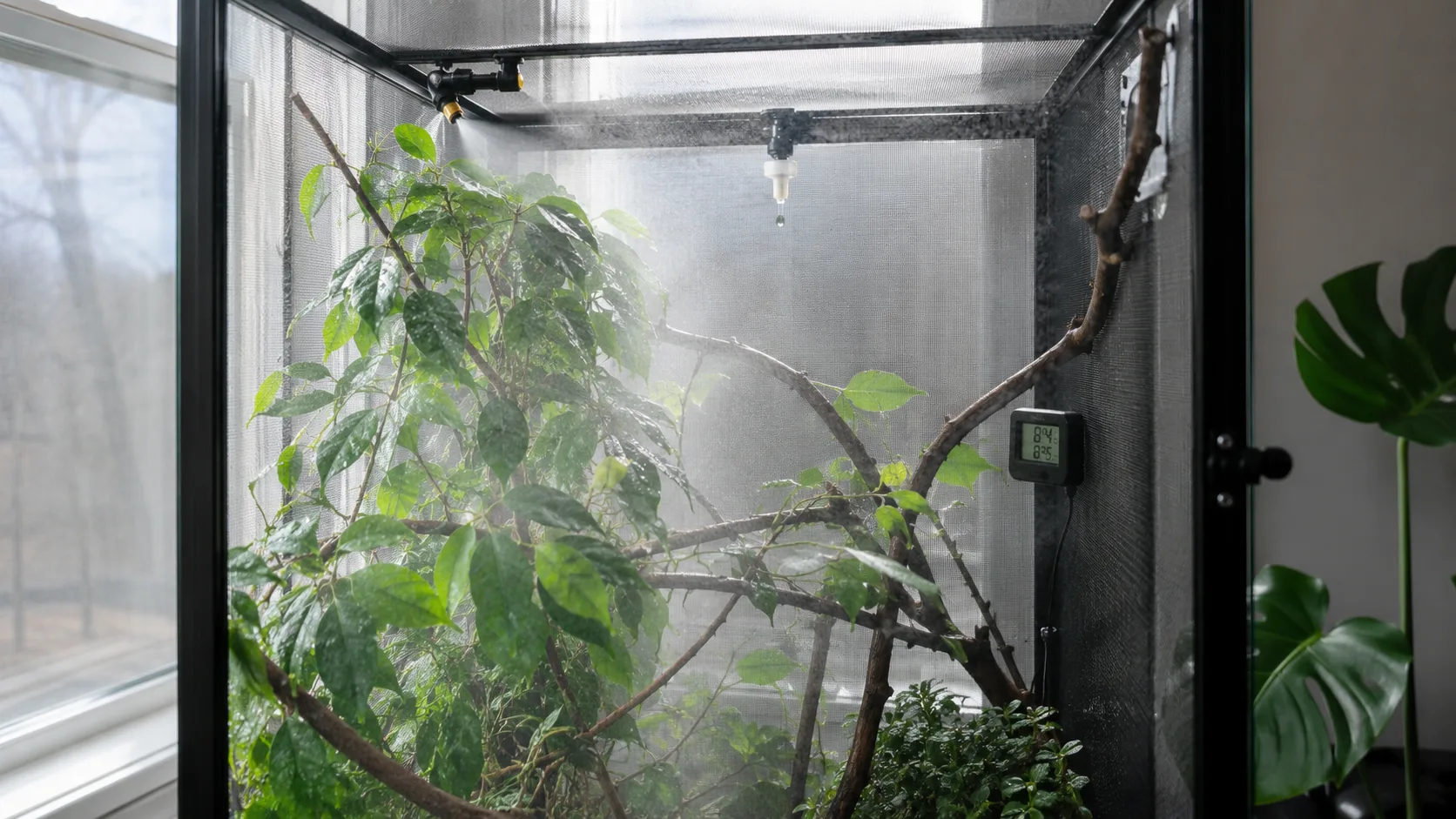 A tall screen veiled chameleon enclosure with mist clouding the air after a misting cycle, dripper visible above and a hygrometer at mid-height.